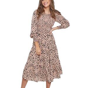 Leoni Phoenix Dress Peach Cheetah Smocked Balloon Sieeve Midi Dress Size S